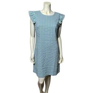 ELLE Blue Green Gingham Flutter Sleeve Dress Size Medium Preppy Summer Shift